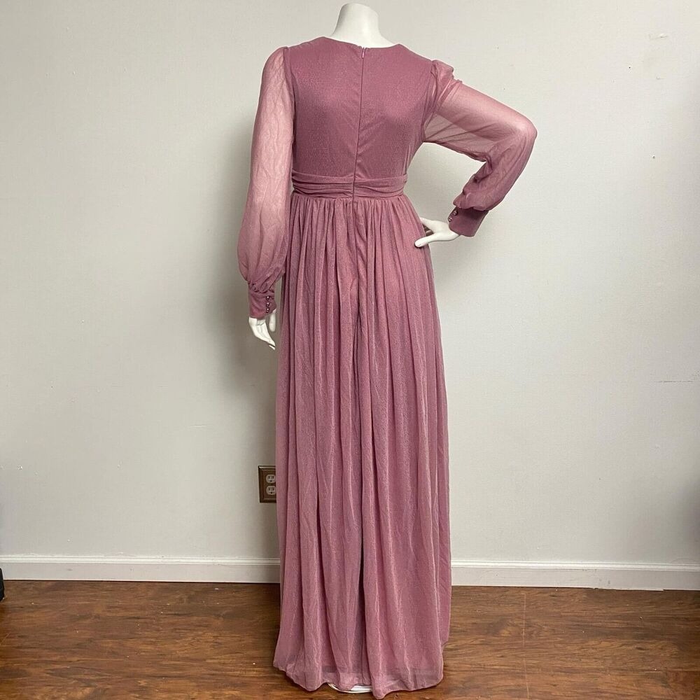 Faeriesty Dusty Rose VNeck Shear Long Sleeve Bridesmaid Dress Ruched A-line Sz S - Picture 5 of 12